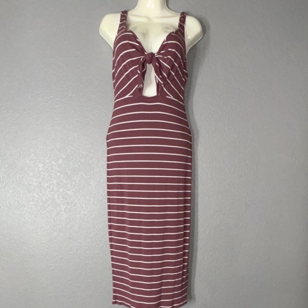 Express Mauve White Striped Tie Front Strappy Sleeveless Midi Sundress S